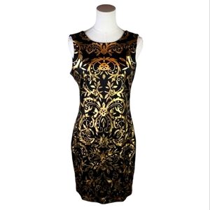 Bacci Gold Metallic Baroque Bodycon Sheath Dress NWT Size Large